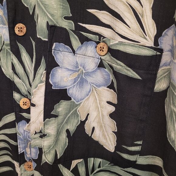 Banana Cabana Mens XL Shirt Black Tropical Floral Palms 100% Silk Short Sleeve - Picture 2 of 7